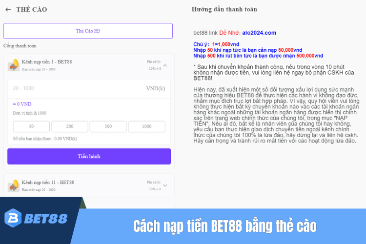 Cách nạp tiền BET88 bằng thẻ cào