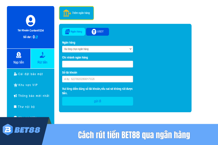 Cách rút tiền BET88 qua tài khoản ngân hàng