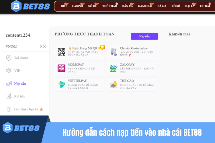 Hướng dẫn cách nạp tiền vào nhà cái BET88