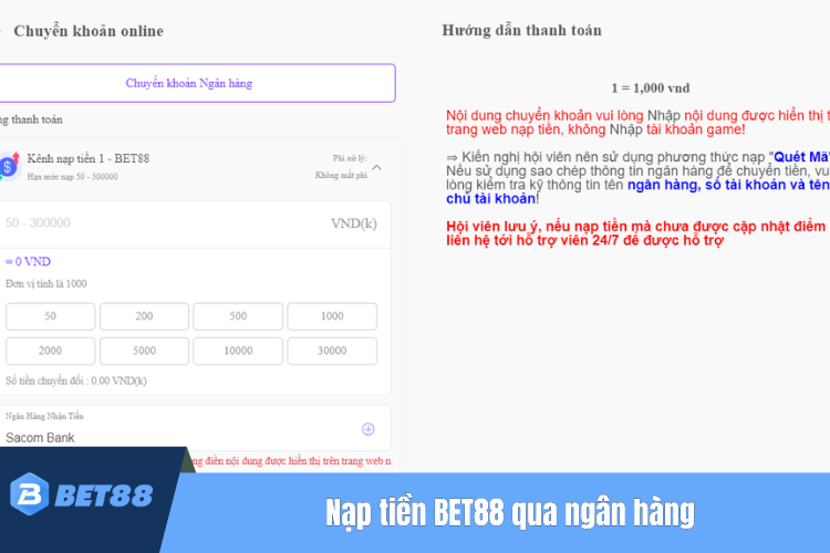 Nạp tiền BET88 bằng phương thức chuyển khoản ngân hàng