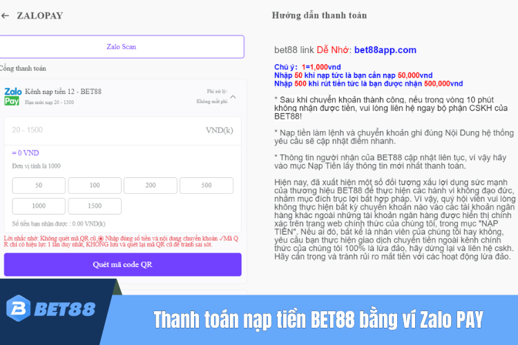 Thanh toán nạp tiền BET88 bằng ví Zalo PAY/Viettel Pay